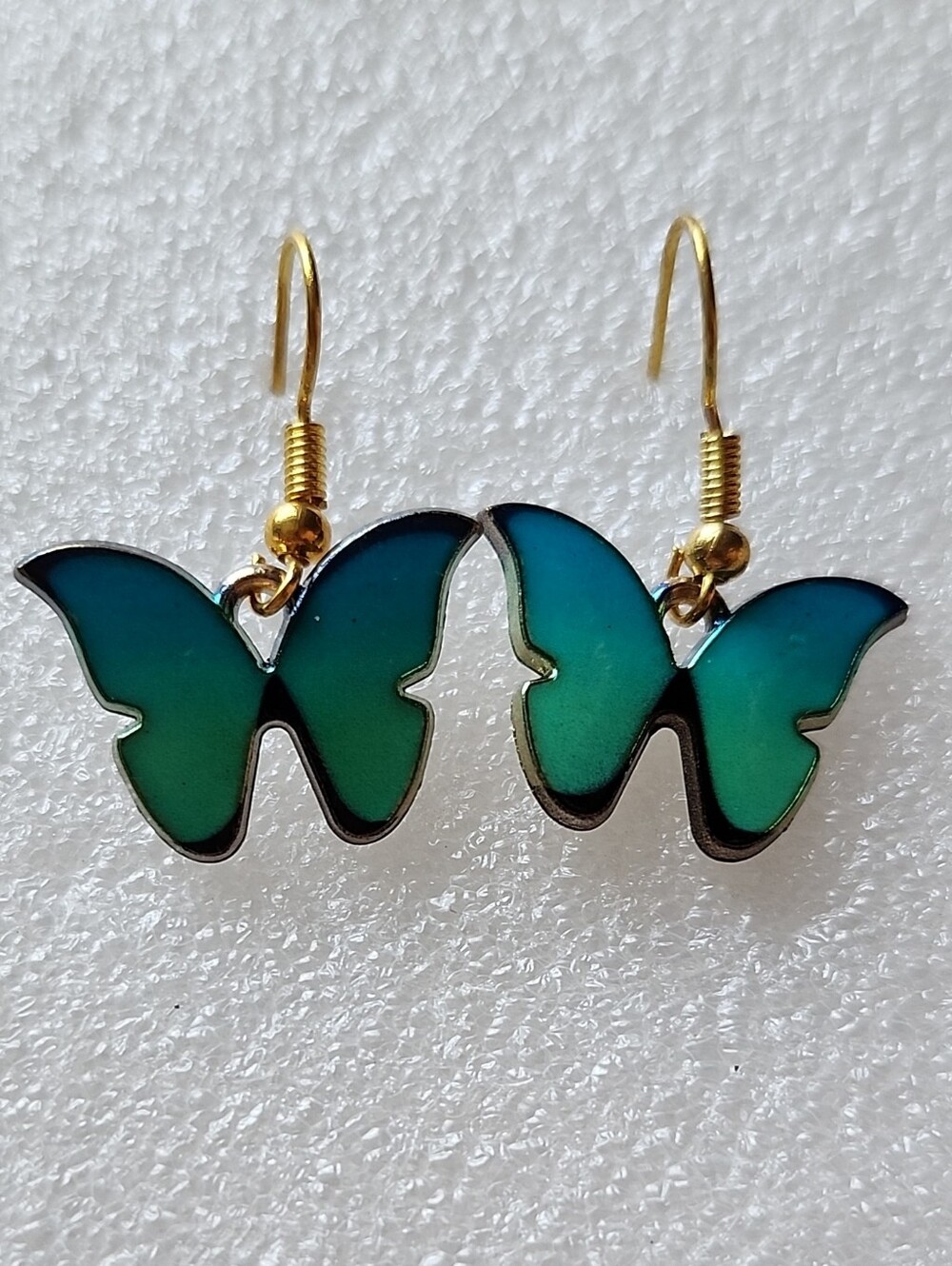 Hand Crafted Teal Green to Blue Butterfly Dangle Earrings